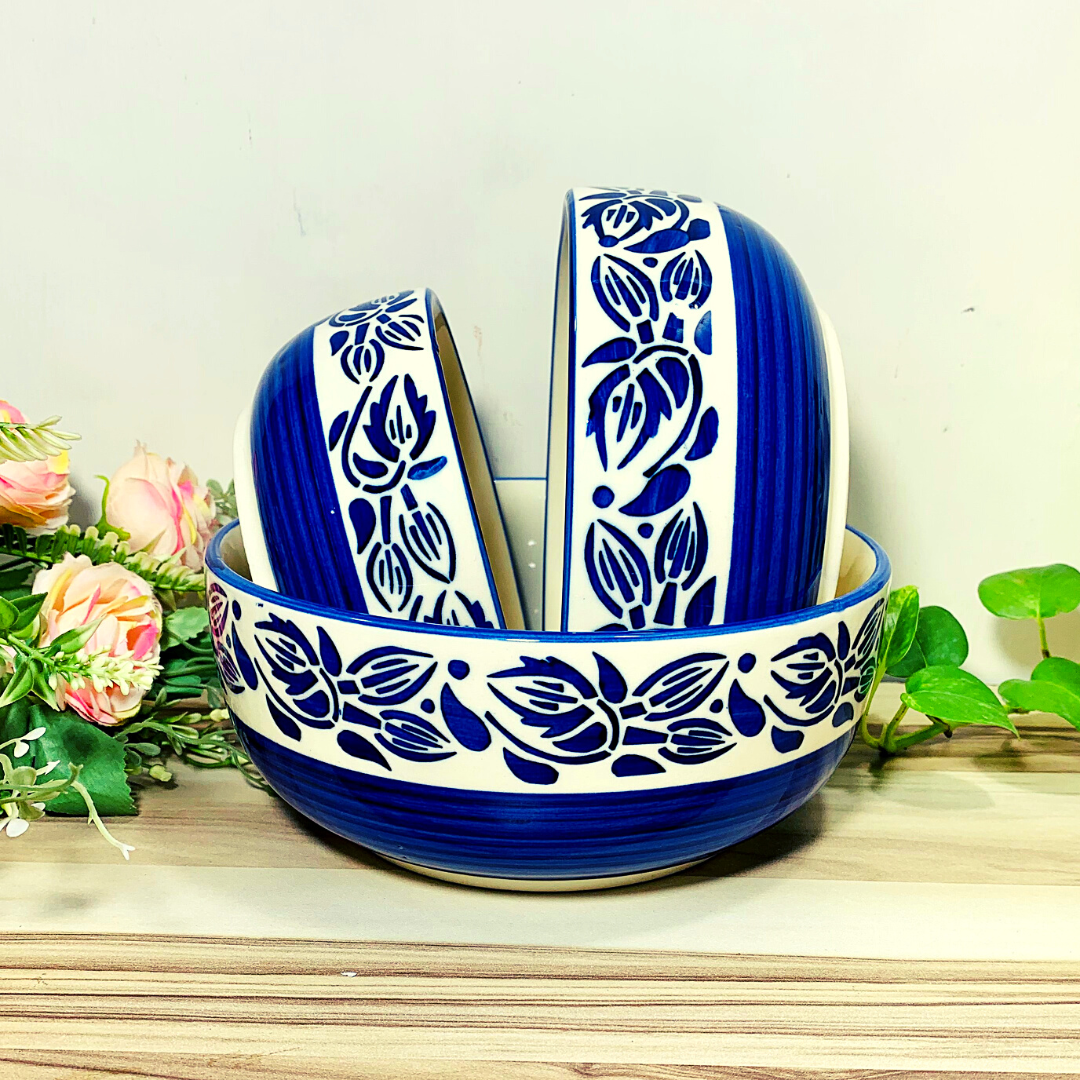 Homefrills Studio Pottery Hand-Painted Petal Design Ceramic Serving & Mixing Bowls/Katoris for Snacks, Fruits, Salad, Noodles & Pasta Microwave Dishwasher Safe/BPA & Lead Free -Set of 3 Color - Blue